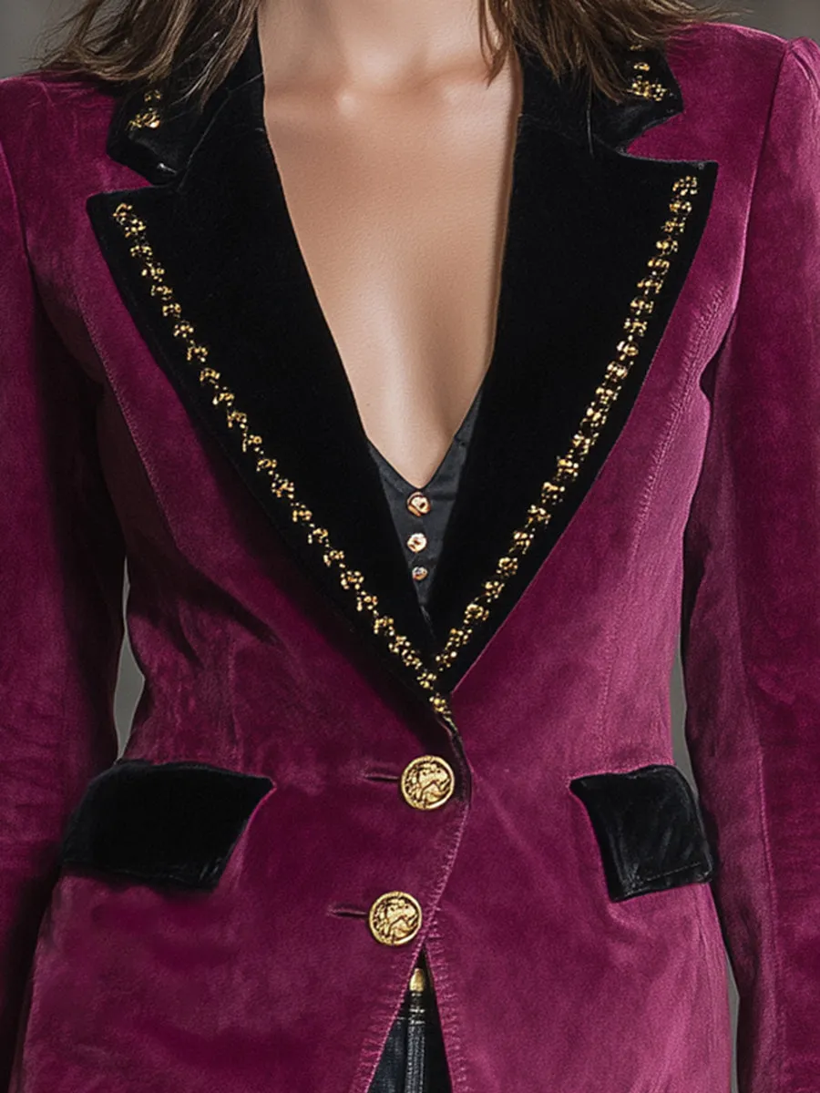 Rose Purple Velvet With Black Collar And Ribbon Blazer sold by Oyrosy product image thumbnail 3