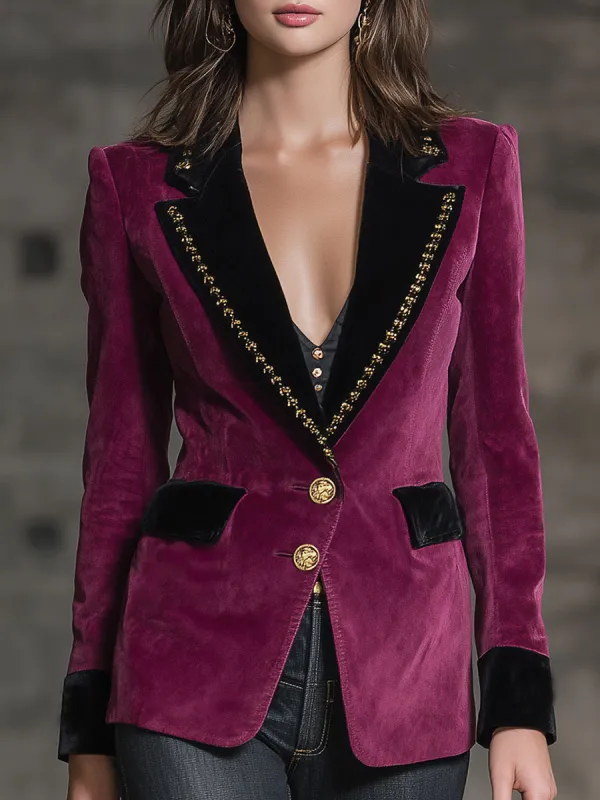 Rose Purple Velvet With Black Collar And Ribbon Blazer sold by Oyrosy