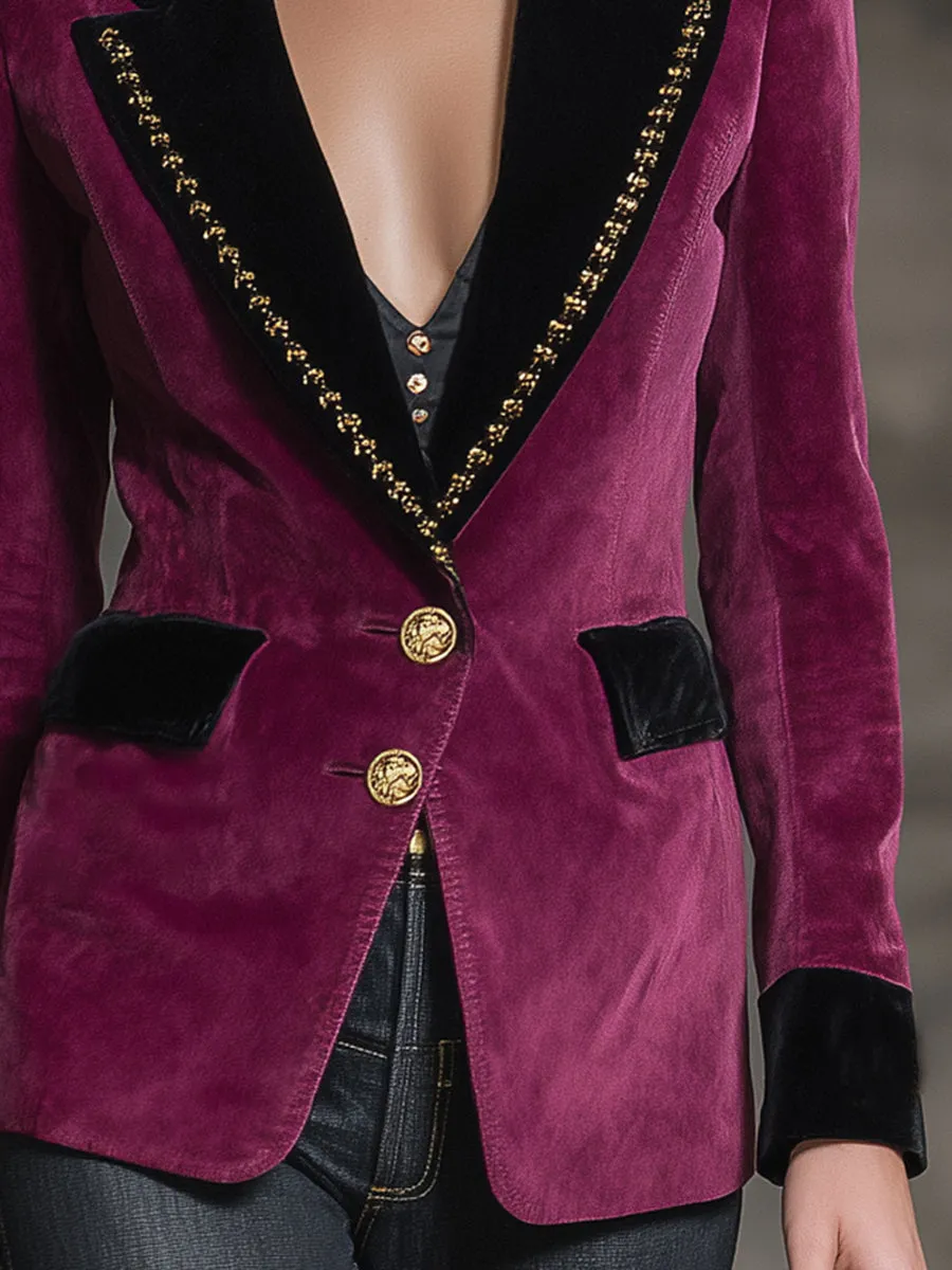 Rose Purple Velvet With Black Collar And Ribbon Blazer sold by Oyrosy product image thumbnail 4