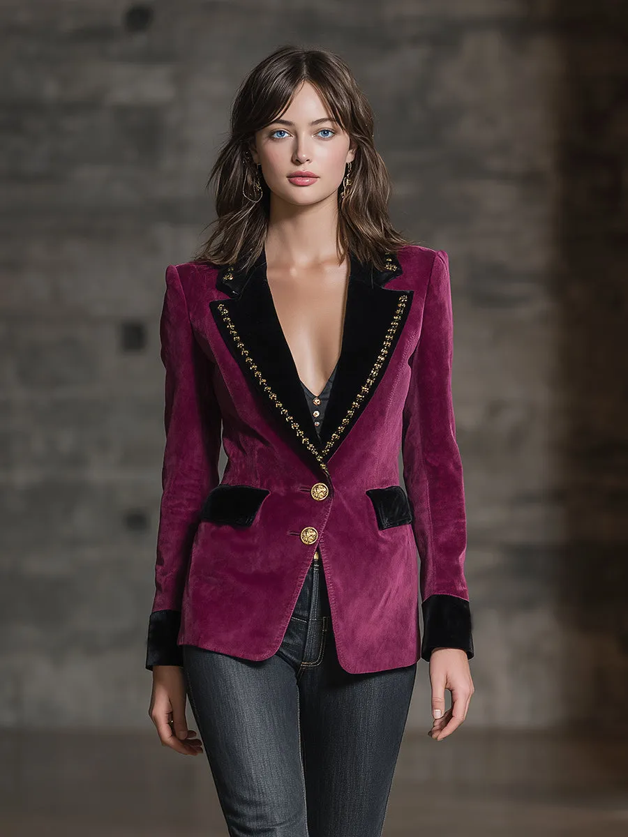 Rose Purple Velvet With Black Collar And Ribbon Blazer sold by Oyrosy product image thumbnail 2