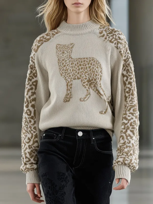 Fashionable Brown Leopard Print Pullover Sweater sold by Oyrosy