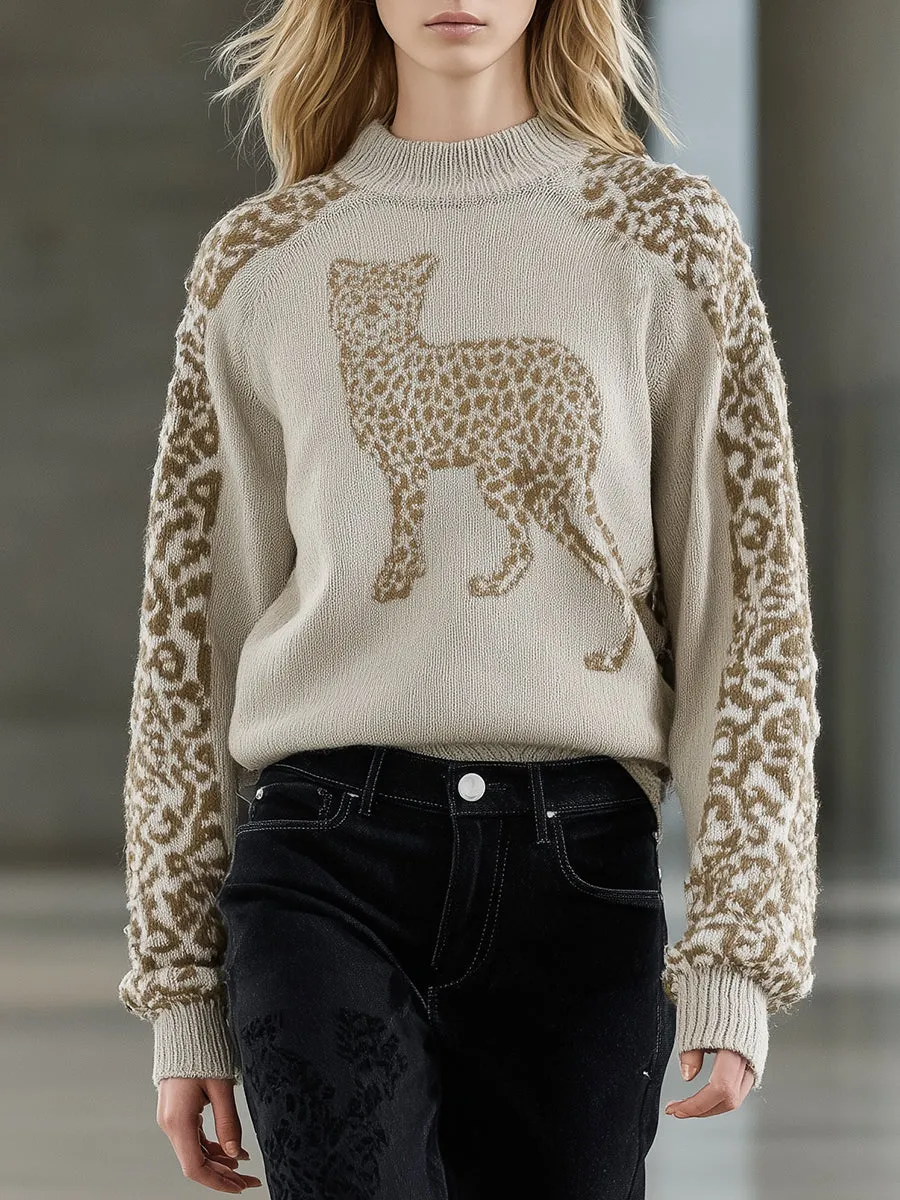 Fashionable Brown Leopard Print Pullover Sweater sold by Oyrosy