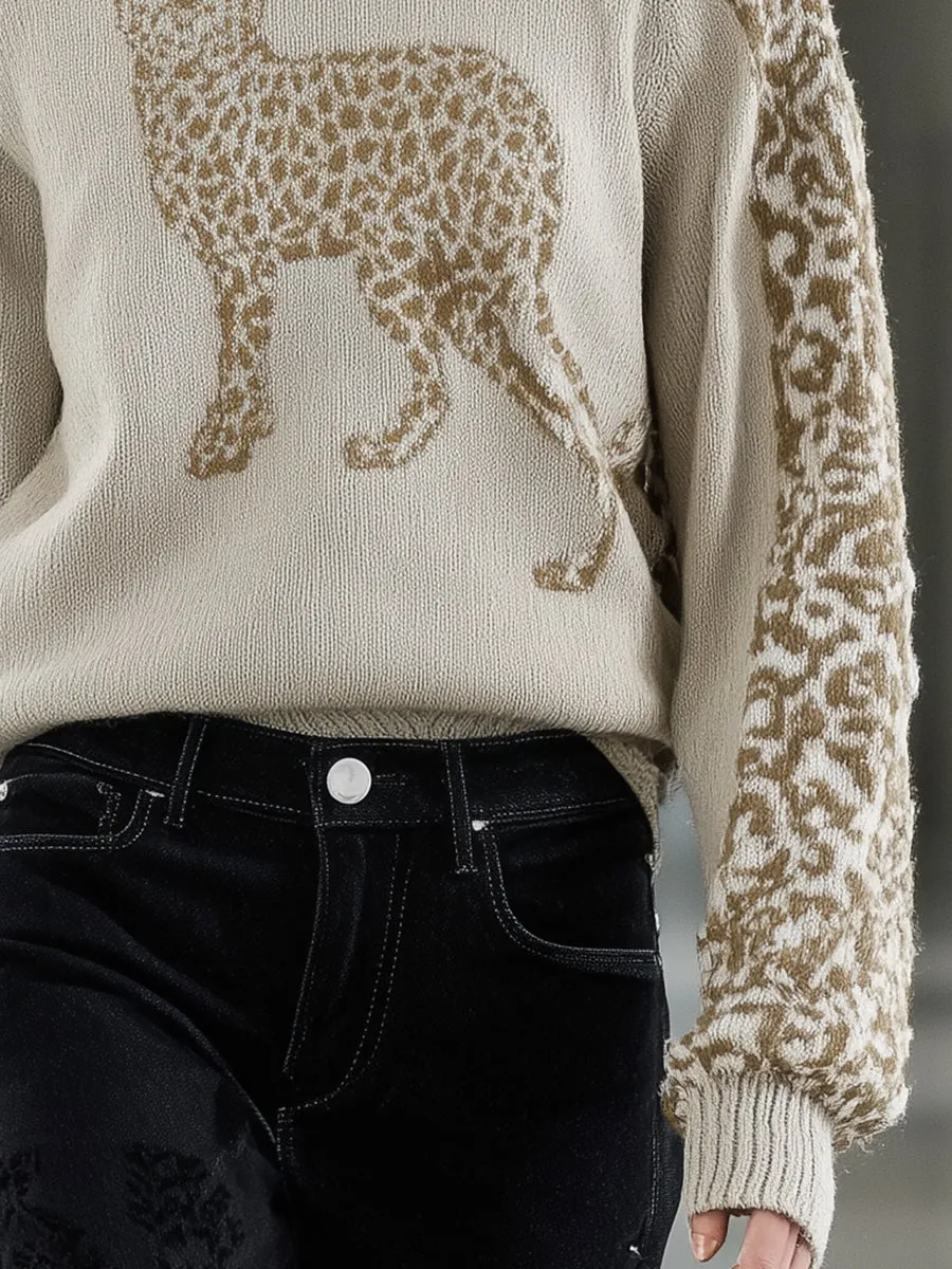 Fashionable Brown Leopard Print Pullover Sweater sold by Oyrosy product image thumbnail 4