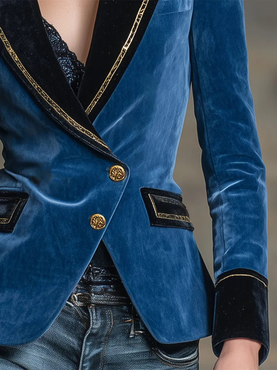 Stylish Blue Velvet With Contrasting Gold Ribbon Blazer sold by Oyrosy product image thumbnail 4