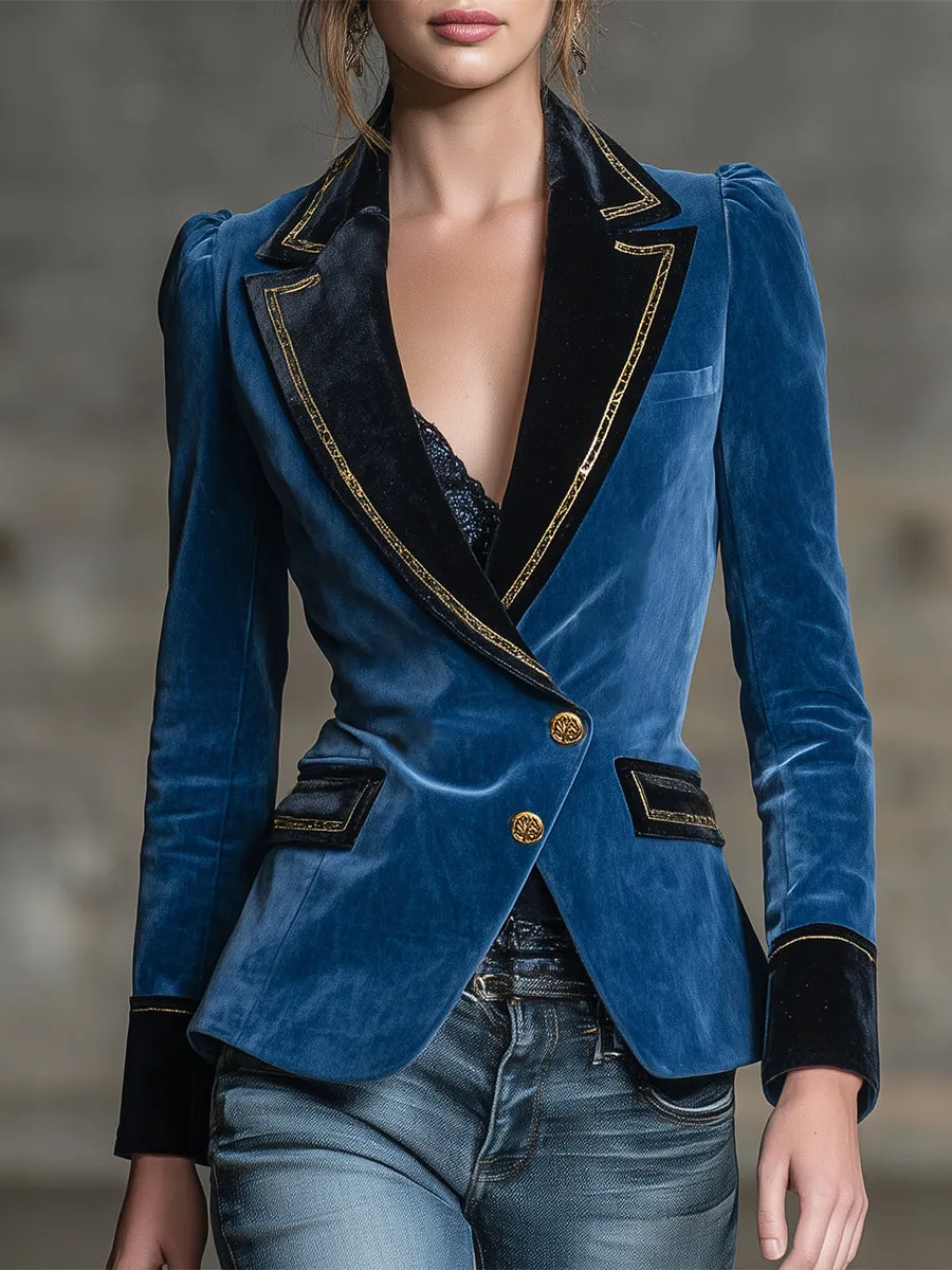 Stylish Blue Velvet With Contrasting Gold Ribbon Blazer sold by Oyrosy