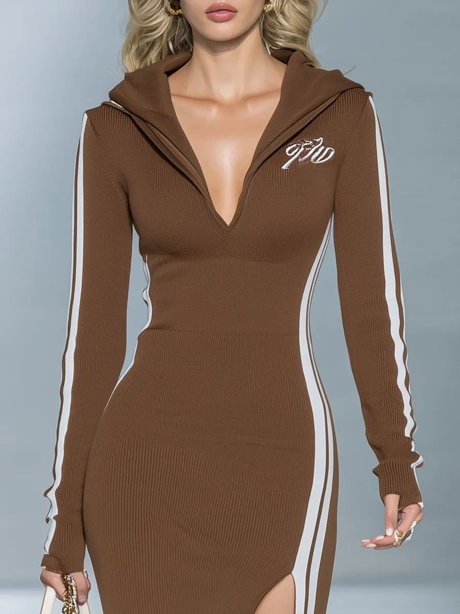 Retro Casual White Striped V-neck Brown Slit Hooded Midi Dress sold by Oyrosy product image thumbnail 3
