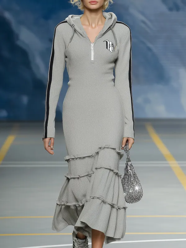 Casual Sports Black Trim Gray Ruffle Hooded Maxi Dress sold by Oyrosy