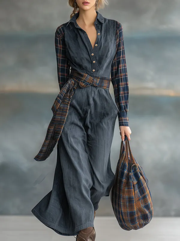 Fashionable Retro Gray Denim Patchwork Plaid Long-sleeved Maxi Dress sold by Oyrosy