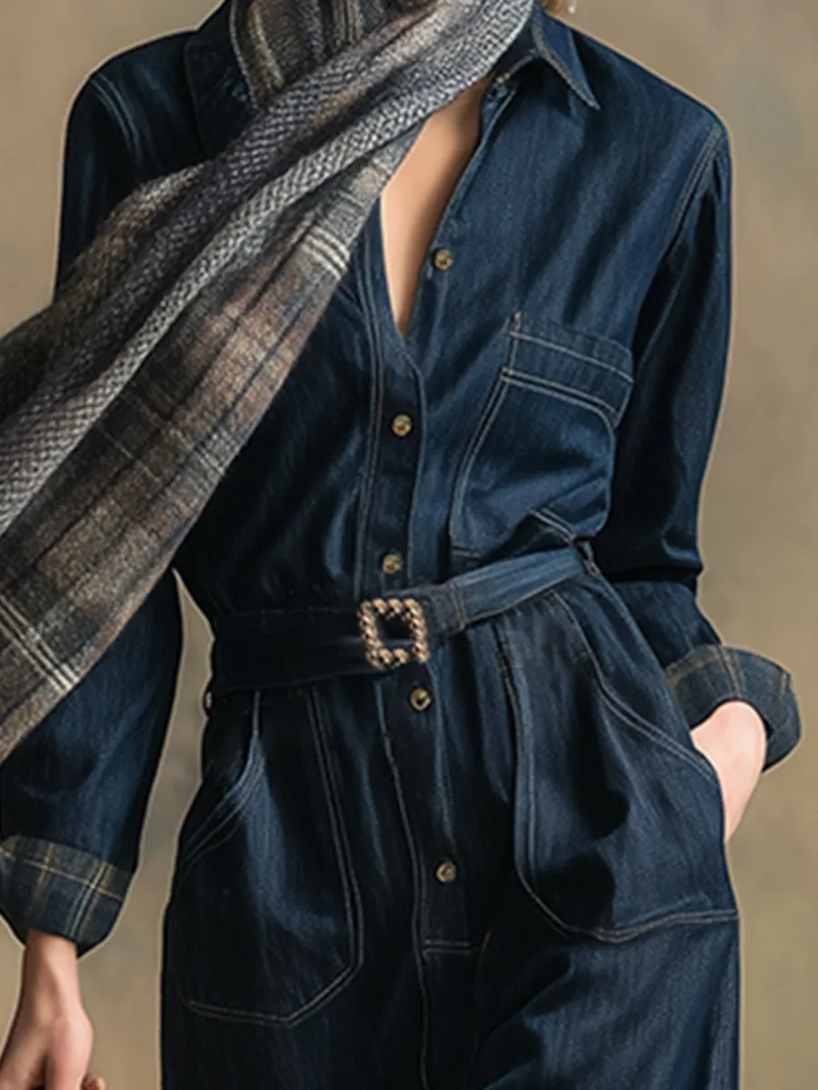 Retro Elegant Dark Blue Lapel Faux Denim Maxi Dress sold by Oyrosy product image thumbnail 3