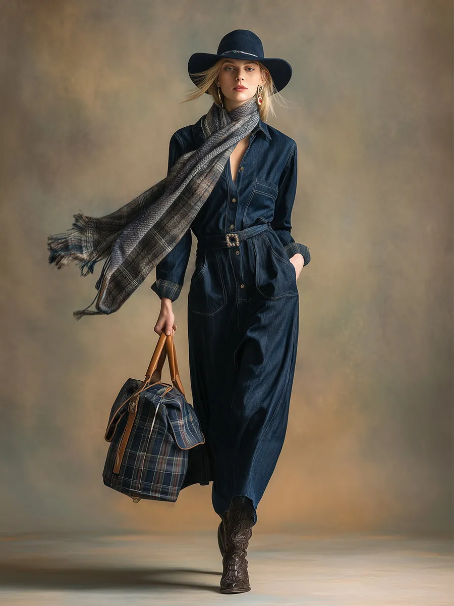 Retro Elegant Dark Blue Lapel Faux Denim Maxi Dress sold by Oyrosy product image thumbnail 2