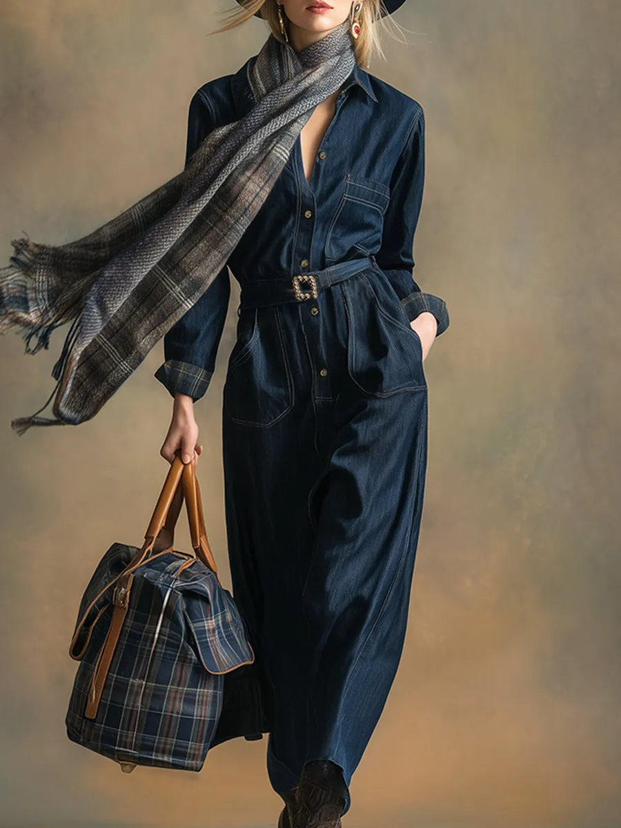 Retro Elegant Dark Blue Lapel Faux Denim Maxi Dress sold by Oyrosy