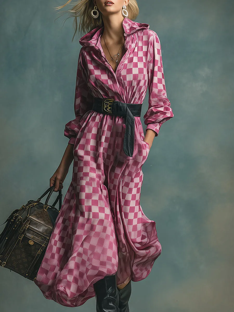 Fashionable Urban Pink Plaid Print Hooded Velvet Maxi Dress sold by Oyrosy