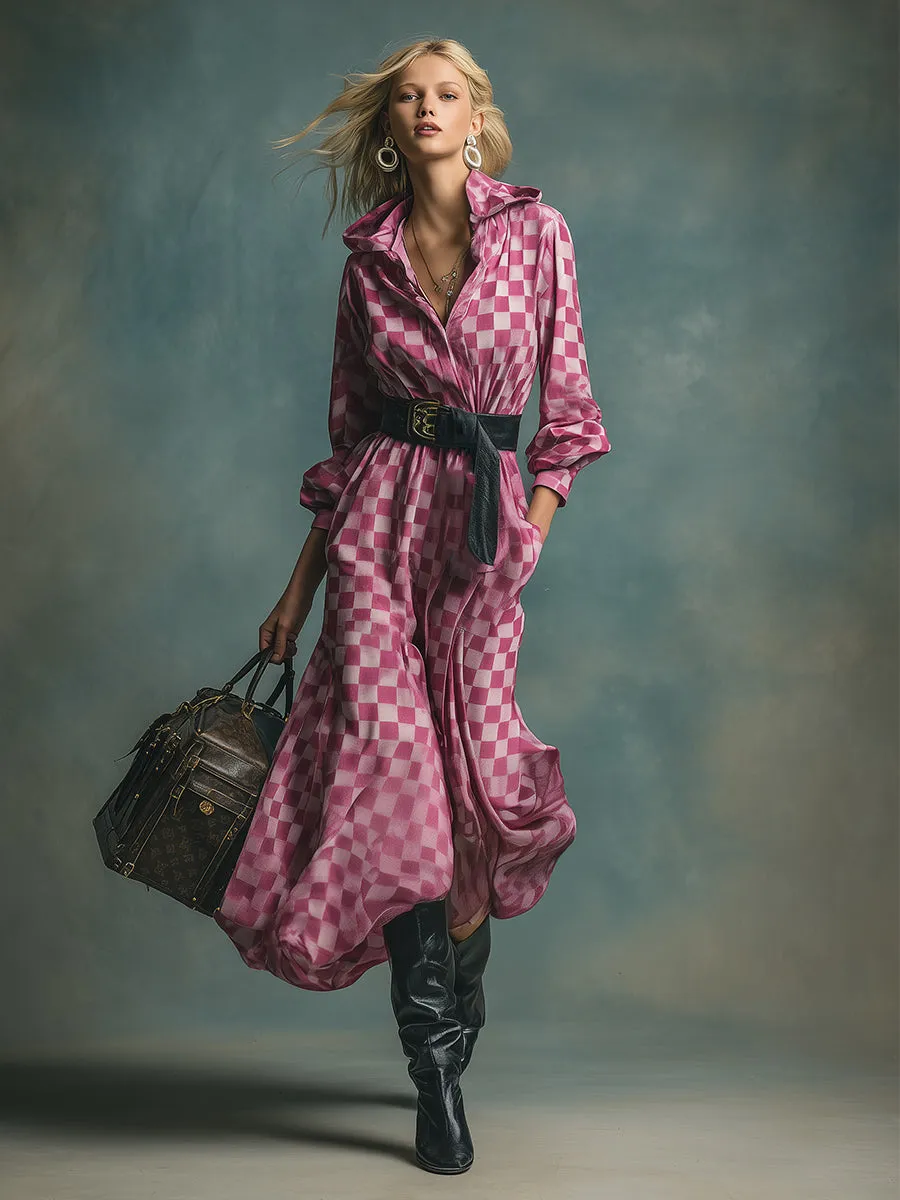 Fashionable Urban Pink Plaid Print Hooded Velvet Maxi Dress sold by Oyrosy product image thumbnail 2