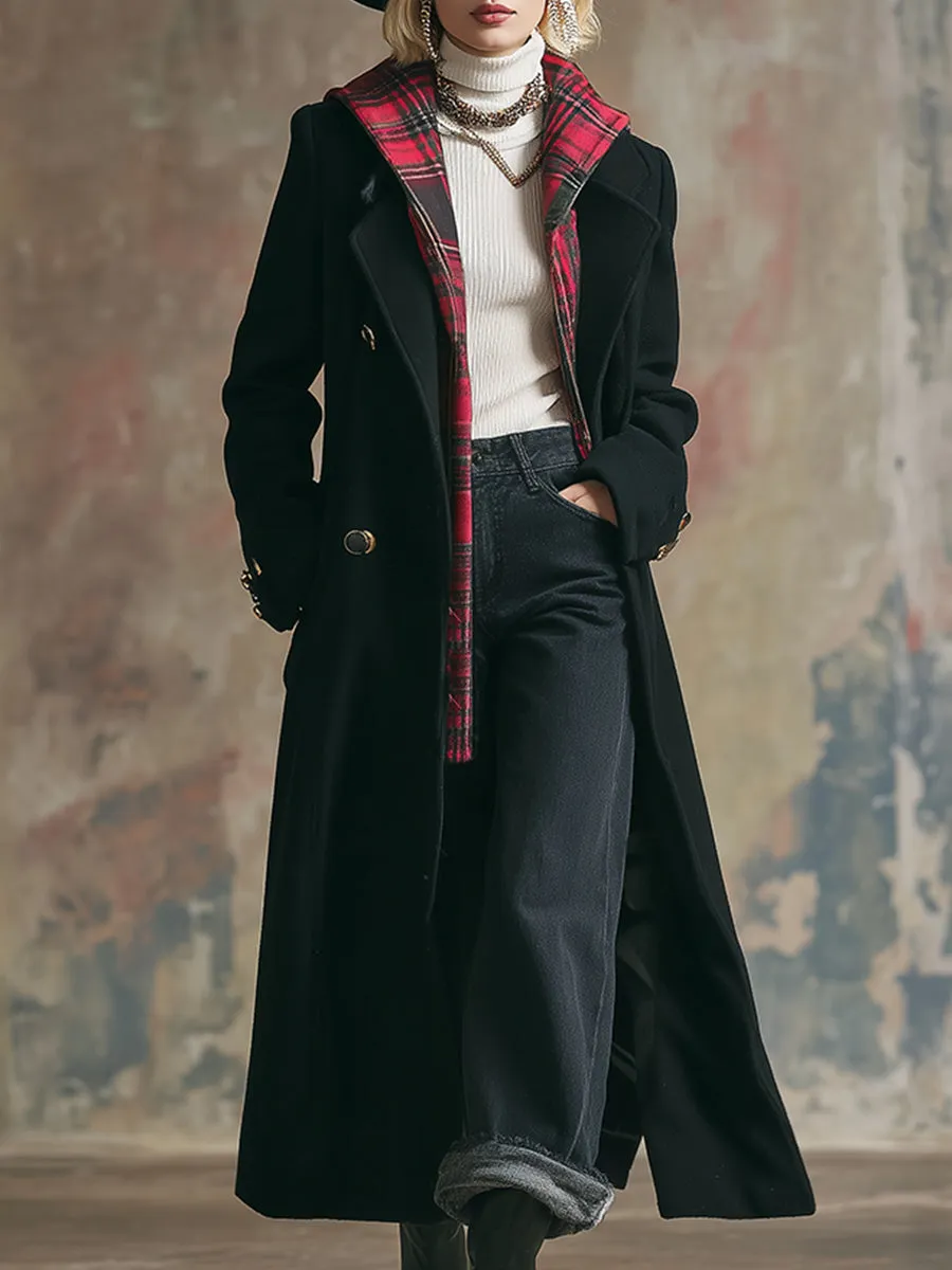 Elegant And Fashionable Fake Two-piece Red Plaid Hooded Black Woolen Coat sold by Oyrosy