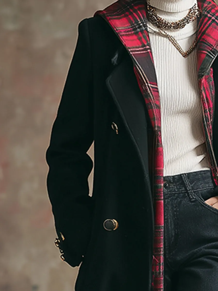 Elegant And Fashionable Fake Two-piece Red Plaid Hooded Black Woolen Coat sold by Oyrosy product image thumbnail 3