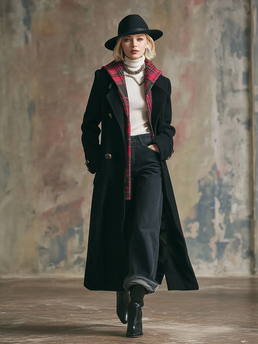 Elegant And Fashionable Fake Two-piece Red Plaid Hooded Black Woolen Coat sold by Oyrosy product image thumbnail 2