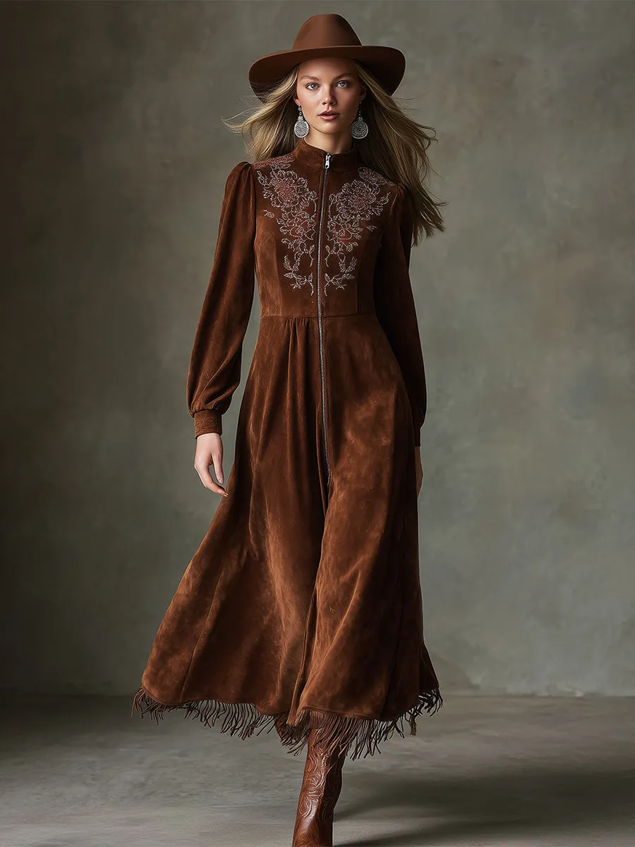 Exquisite Vintage Embroidery Front Zipper Brown Faux Suede Maxi Dress sold by Oyrosy product image thumbnail 2