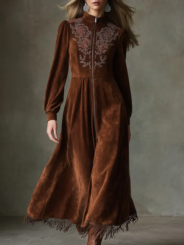 Exquisite Vintage Embroidery Front Zipper Brown Faux Suede Maxi Dress sold by Oyrosy