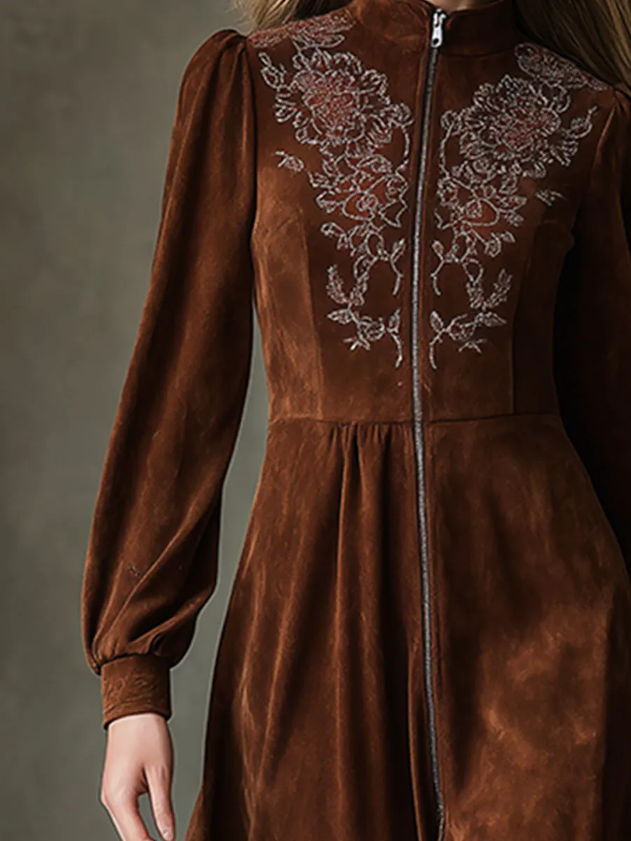 Exquisite Vintage Embroidery Front Zipper Brown Faux Suede Maxi Dress sold by Oyrosy product image thumbnail 3