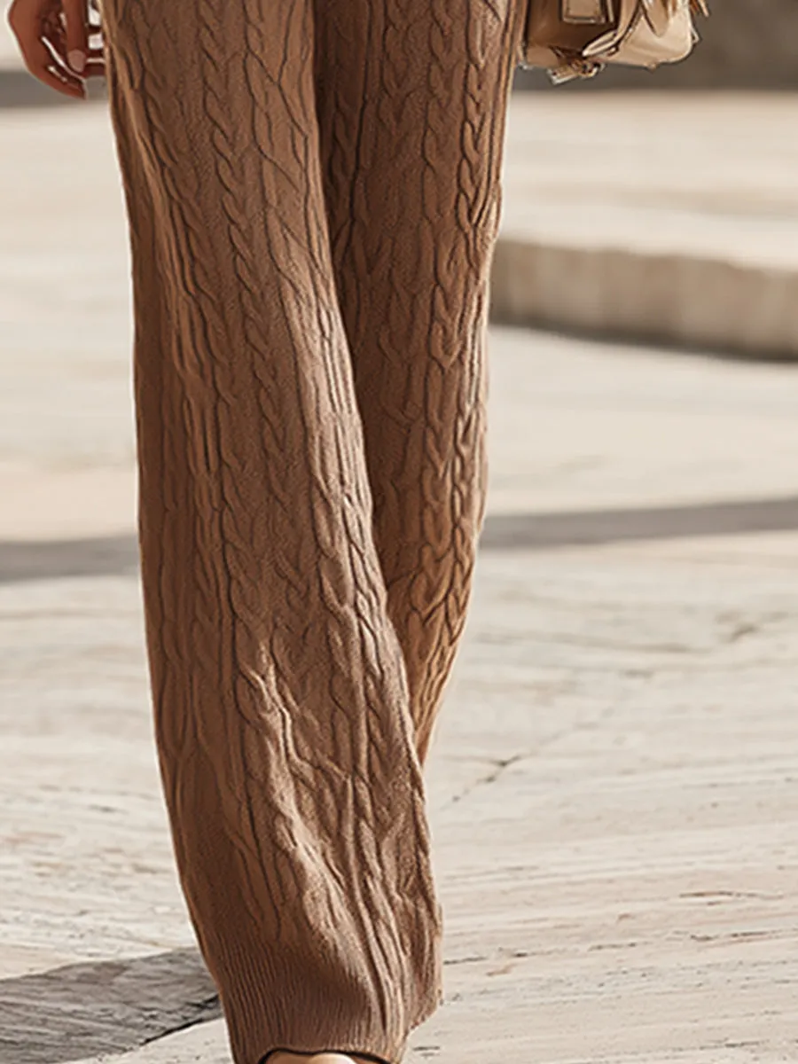 Elegant Urban Brown Cable Knitted Warm Wide-Leg Pants sold by Oyrosy product image thumbnail 4