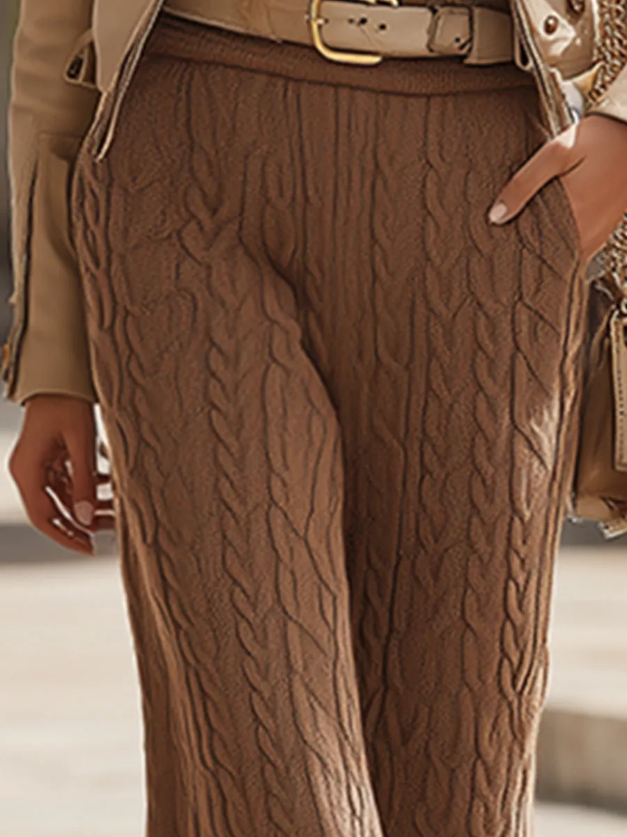 Elegant Urban Brown Cable Knitted Warm Wide-Leg Pants sold by Oyrosy product image thumbnail 3
