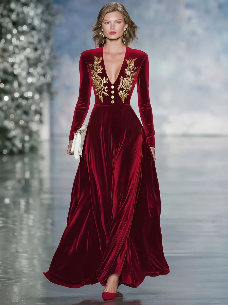 V-neck Floral Embroidered Metal Button Velvet Maxi Dress sold by Oyrosy product image thumbnail 4