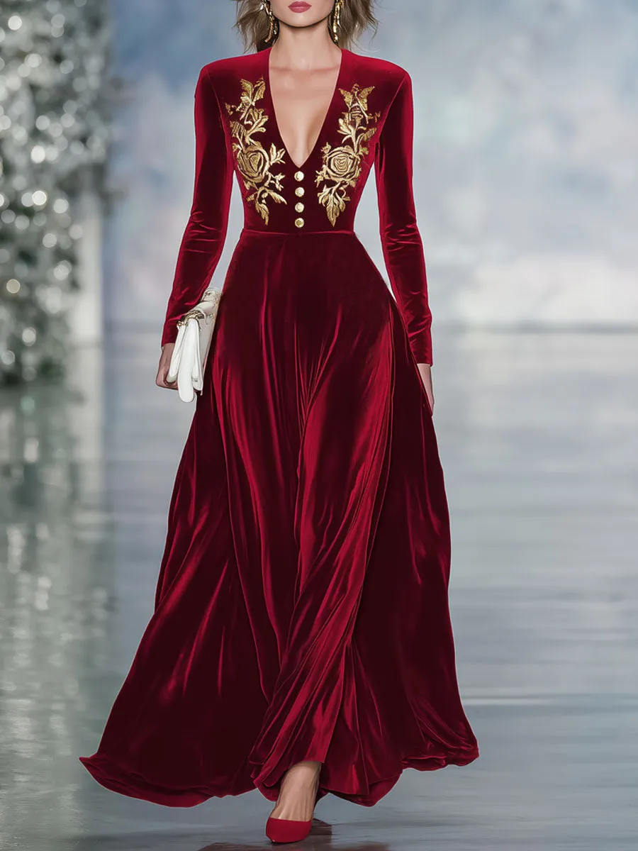 V-neck Floral Embroidered Metal Button Velvet Maxi Dress sold by Oyrosy