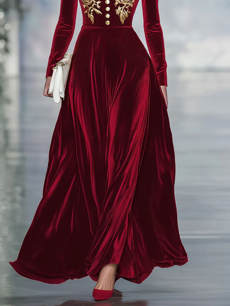 V-neck Floral Embroidered Metal Button Velvet Maxi Dress sold by Oyrosy product image thumbnail 3
