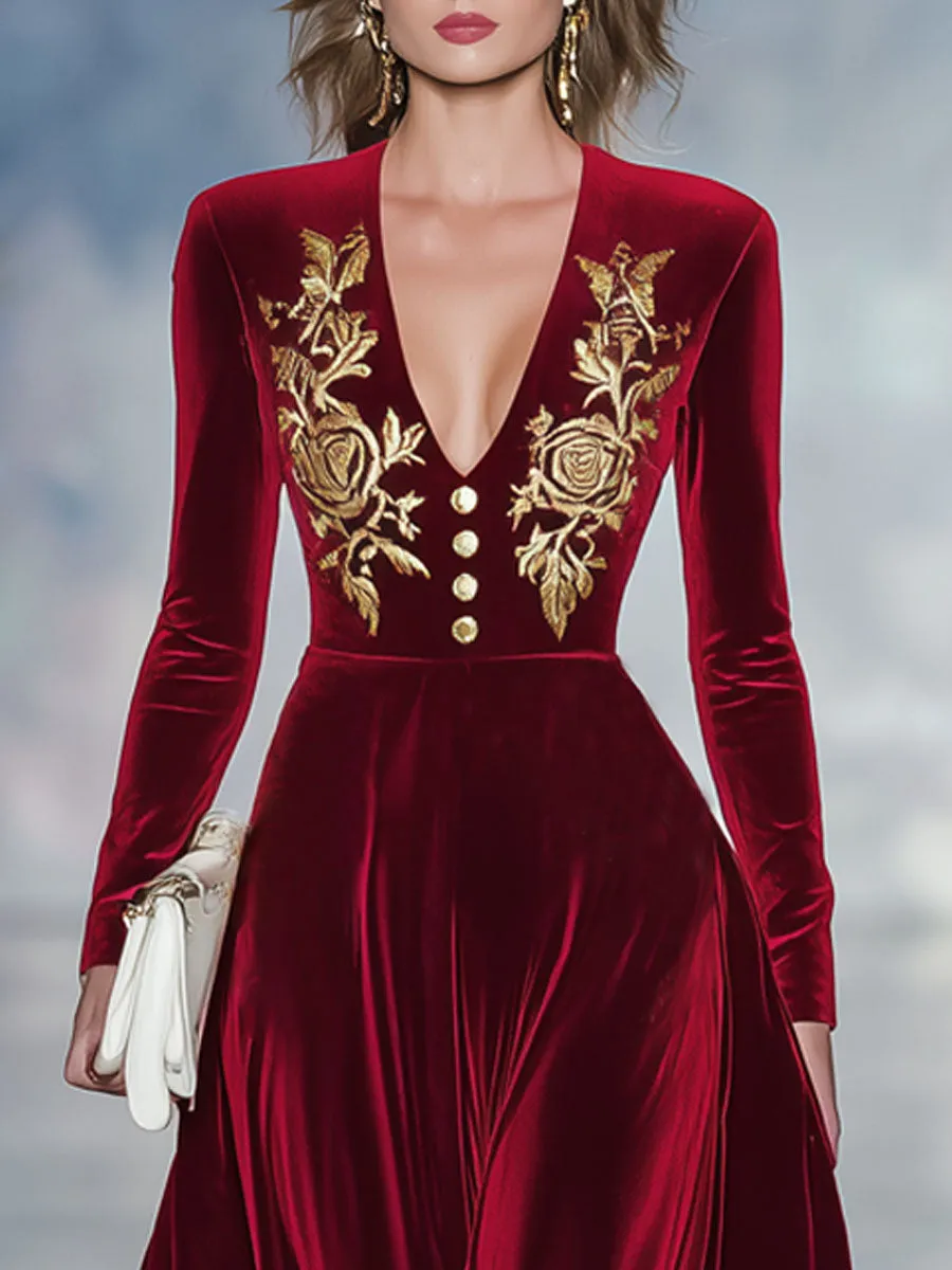 V-neck Floral Embroidered Metal Button Velvet Maxi Dress sold by Oyrosy product image thumbnail 2