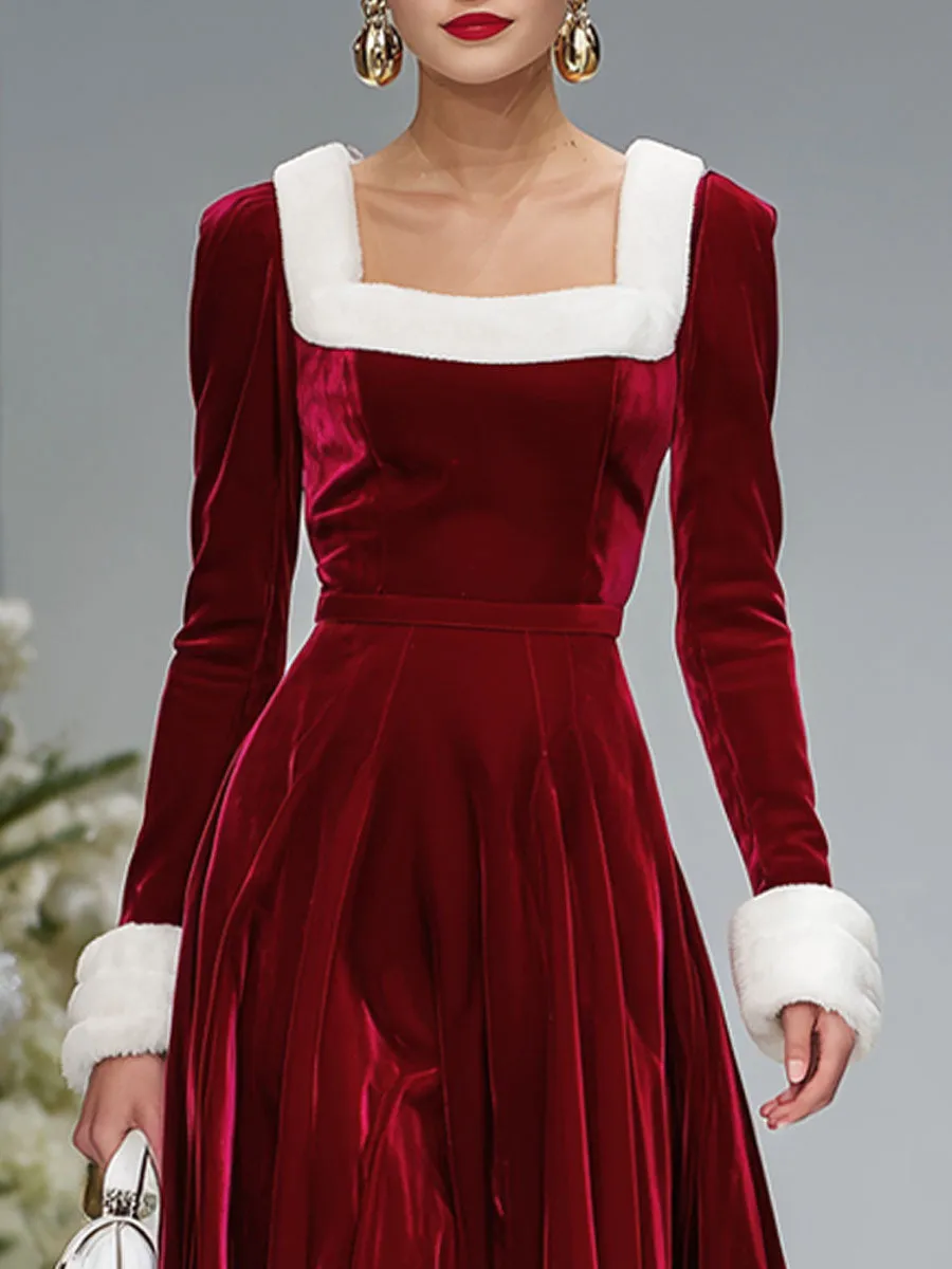 Square Neck Velvet Splicing Polar Fleece Long-sleeved Midi Dress sold by Oyrosy product image thumbnail 2