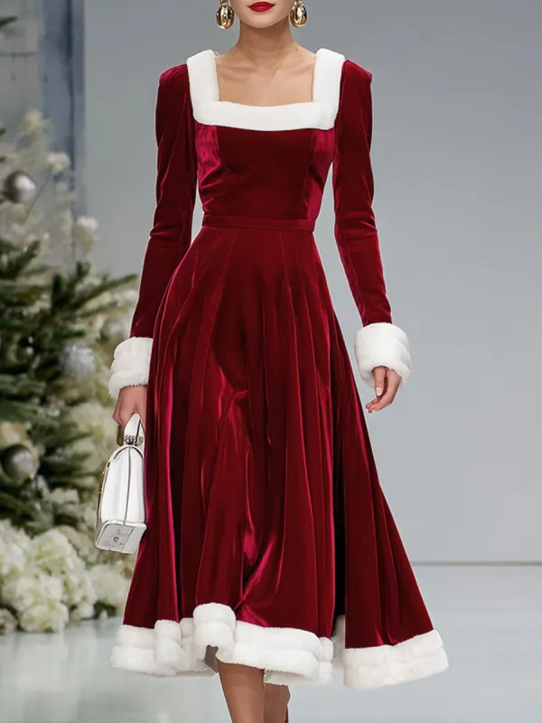 Square Neck Velvet Splicing Polar Fleece Long-sleeved Midi Dress sold by Oyrosy