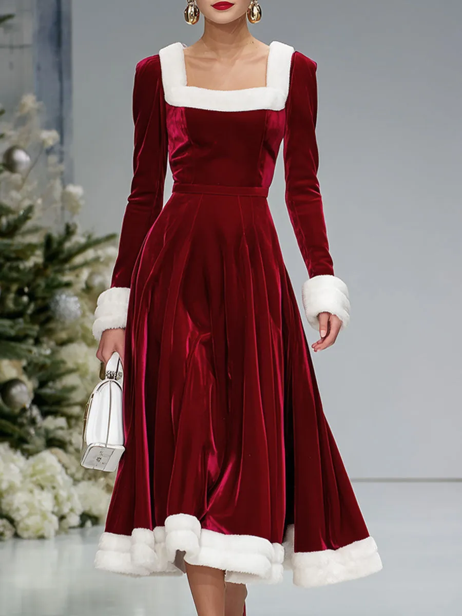Square Neck Velvet Splicing Polar Fleece Long-sleeved Midi Dress sold by Oyrosy