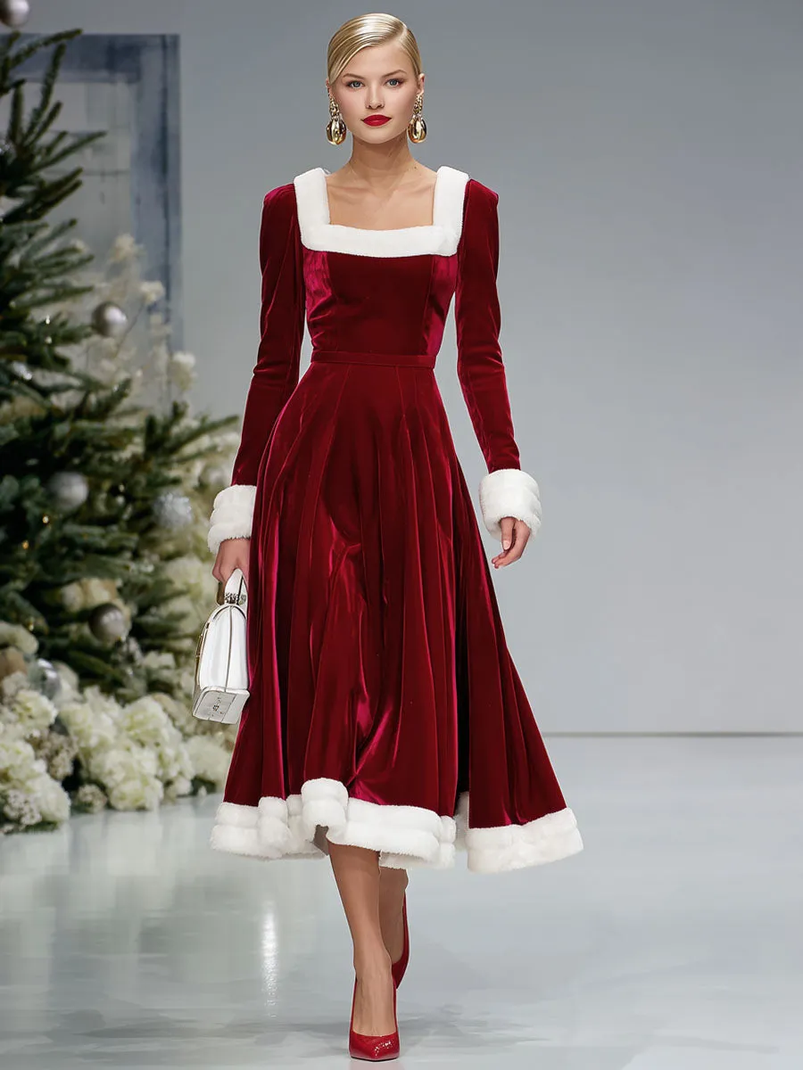 Square Neck Velvet Splicing Polar Fleece Long-sleeved Midi Dress sold by Oyrosy product image thumbnail 4