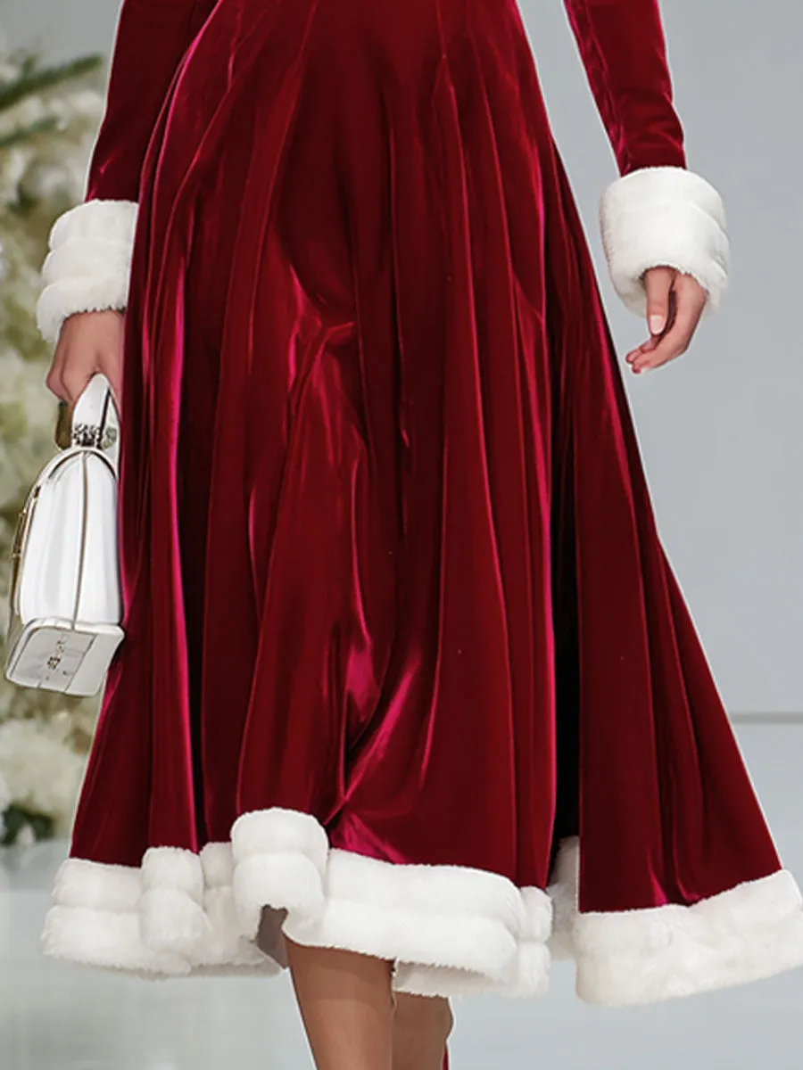 Square Neck Velvet Splicing Polar Fleece Long-sleeved Midi Dress sold by Oyrosy product image thumbnail 3