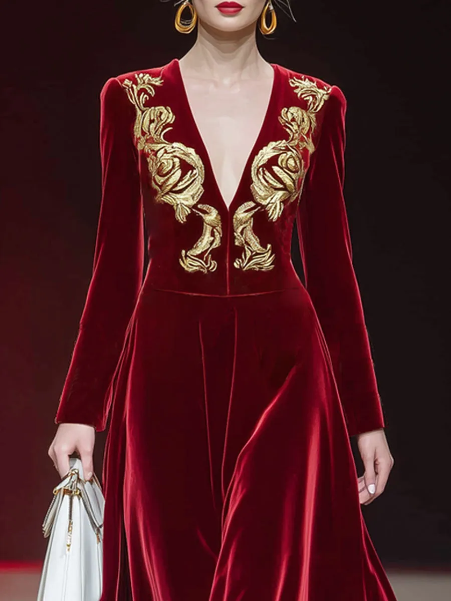 V-neck Gold Embroidery Long-sleeved A-line Velvet Maxi Dress sold by Oyrosy product image thumbnail 2