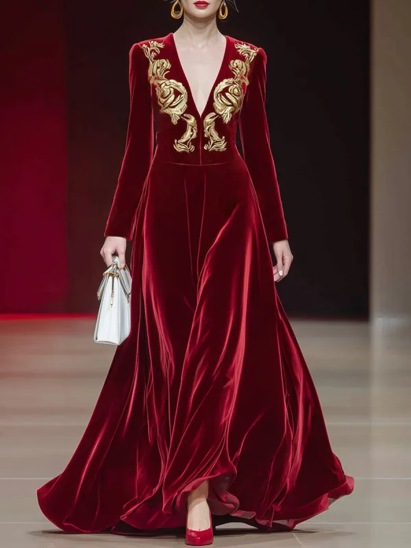 V-neck Gold Embroidery Long-sleeved A-line Velvet Maxi Dress sold by Oyrosy