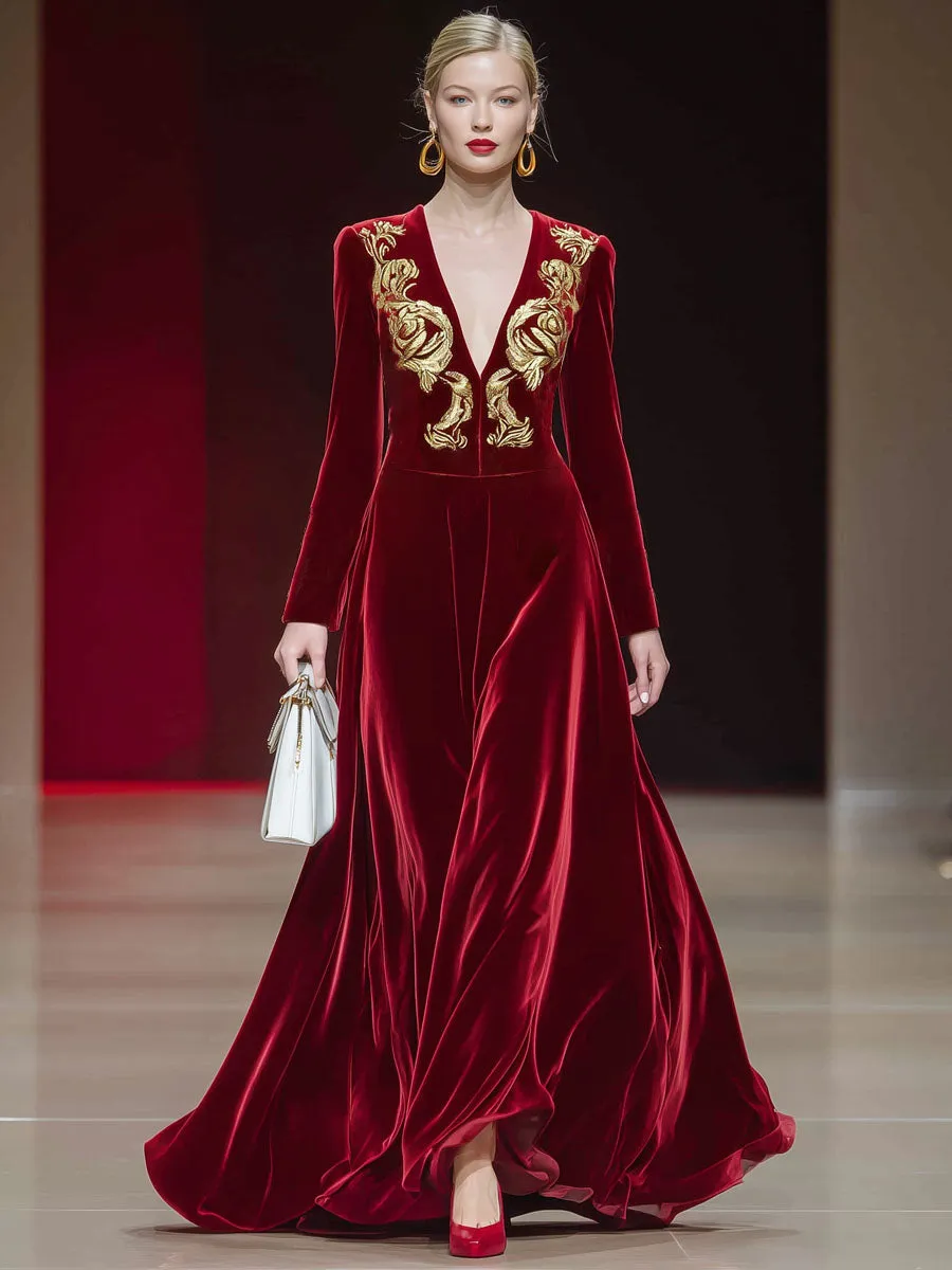 V-neck Gold Embroidery Long-sleeved A-line Velvet Maxi Dress sold by Oyrosy product image thumbnail 4