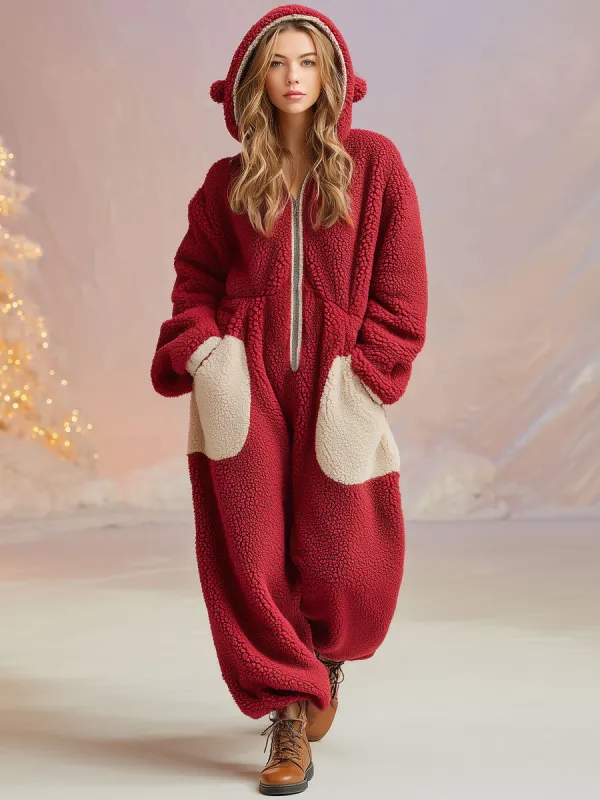 Casual Fashion Christmas Red Polar Fleece Zipper Hooded Jumpsuit sold by Oyrosy