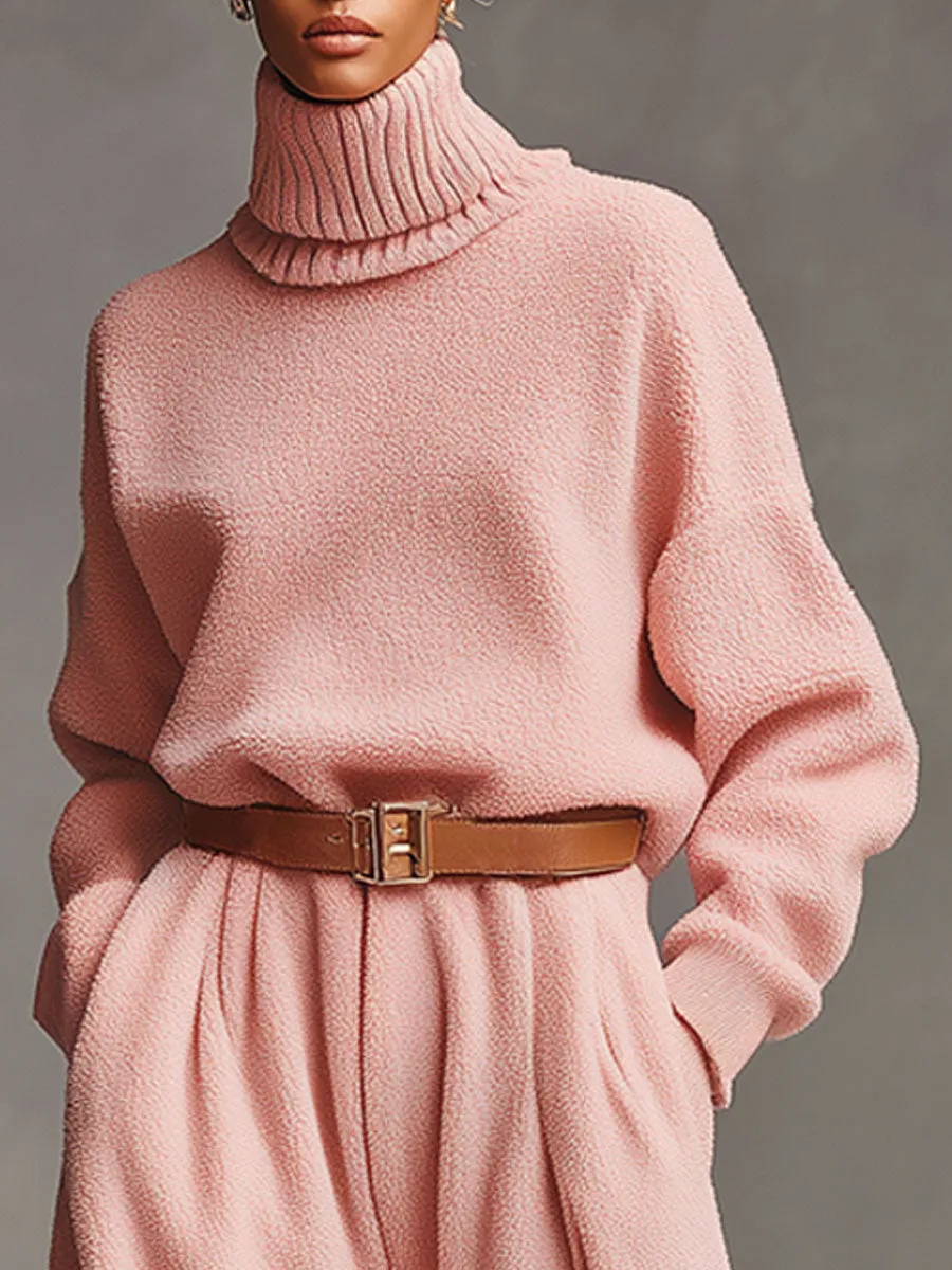 Casual Retro Pink Polar Fleece Turtleneck Sweatpants Sports Set sold by Oyrosy product image thumbnail 3