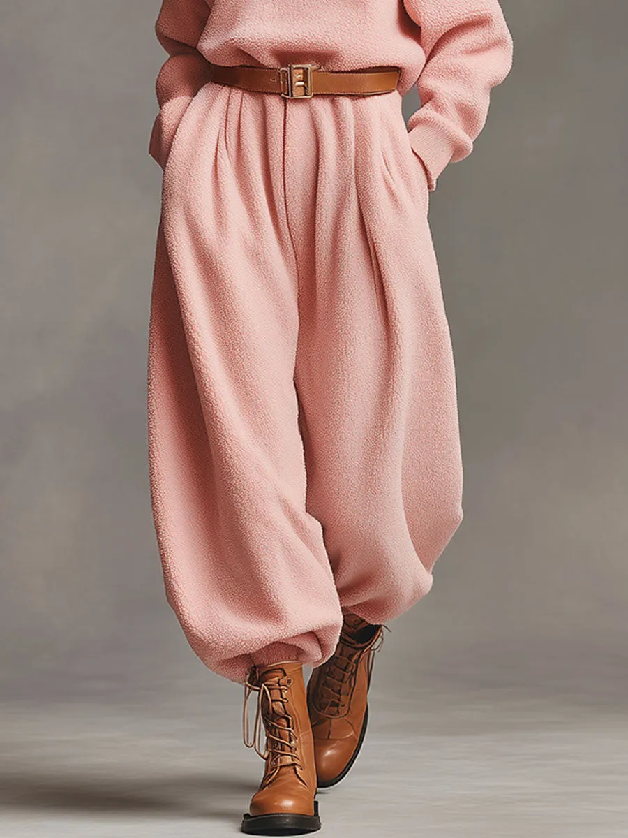 Casual Retro Pink Polar Fleece Turtleneck Sweatpants Sports Set sold by Oyrosy product image thumbnail 4