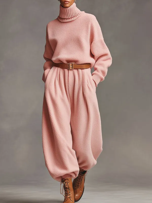 Casual Retro Pink Polar Fleece Turtleneck Sweatpants Sports Set sold by Oyrosy