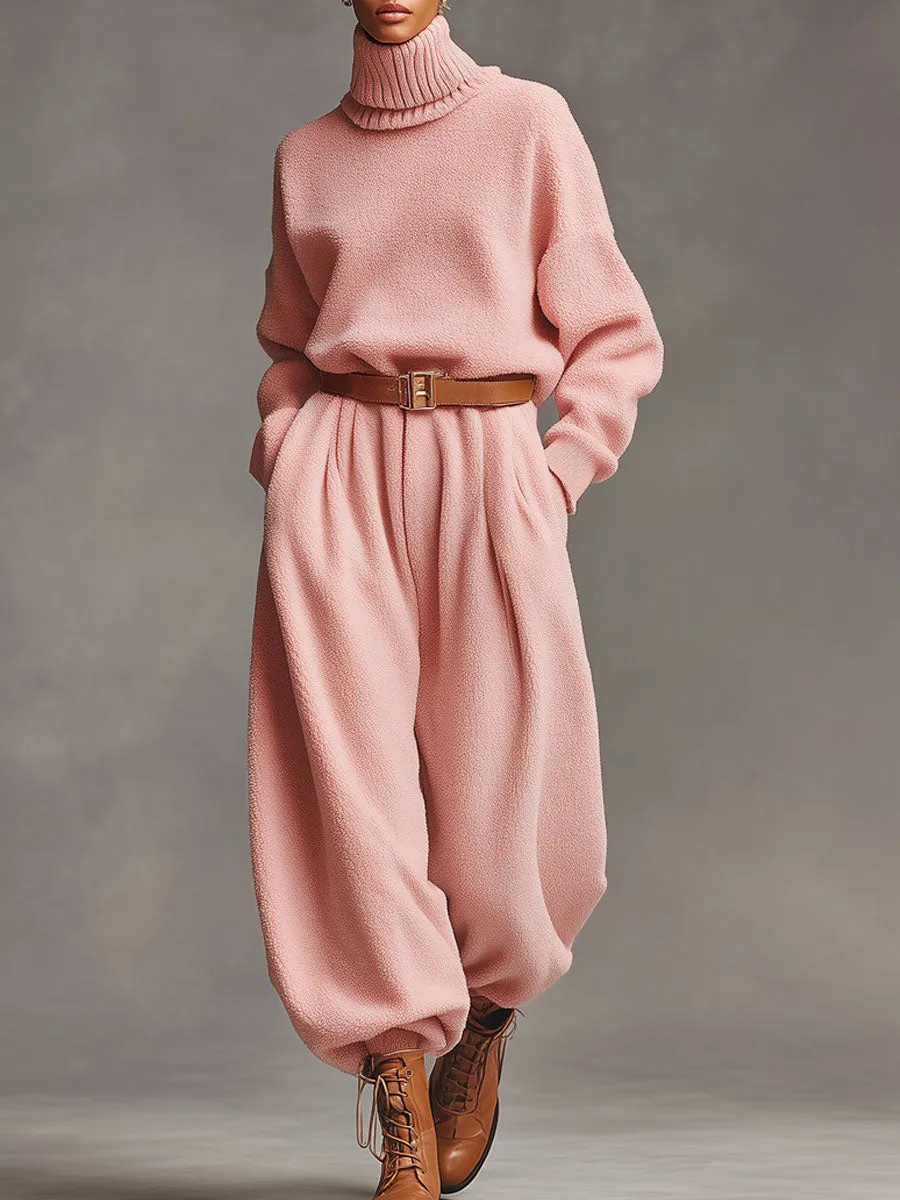 Casual Retro Pink Polar Fleece Turtleneck Sweatpants Sports Set sold by Oyrosy