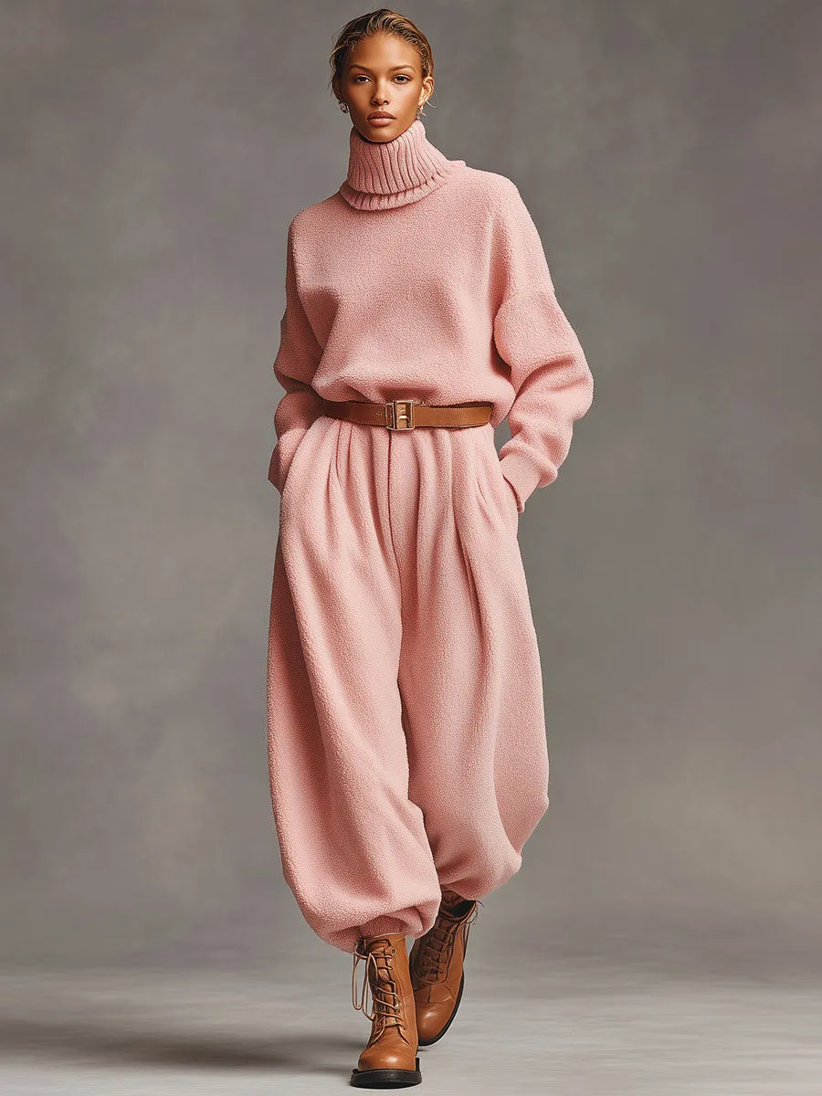 Casual Retro Pink Polar Fleece Turtleneck Sweatpants Sports Set sold by Oyrosy product image thumbnail 2