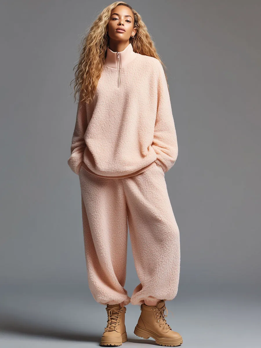Casual Fashion Light Pink Polar Fleece Half Zip Sweatshirt Pants Sports Set sold by Oyrosy product image thumbnail 2