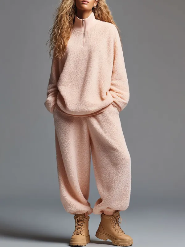 Casual Fashion Light Pink Polar Fleece Half Zip Sweatshirt Pants Sports Set sold by Oyrosy