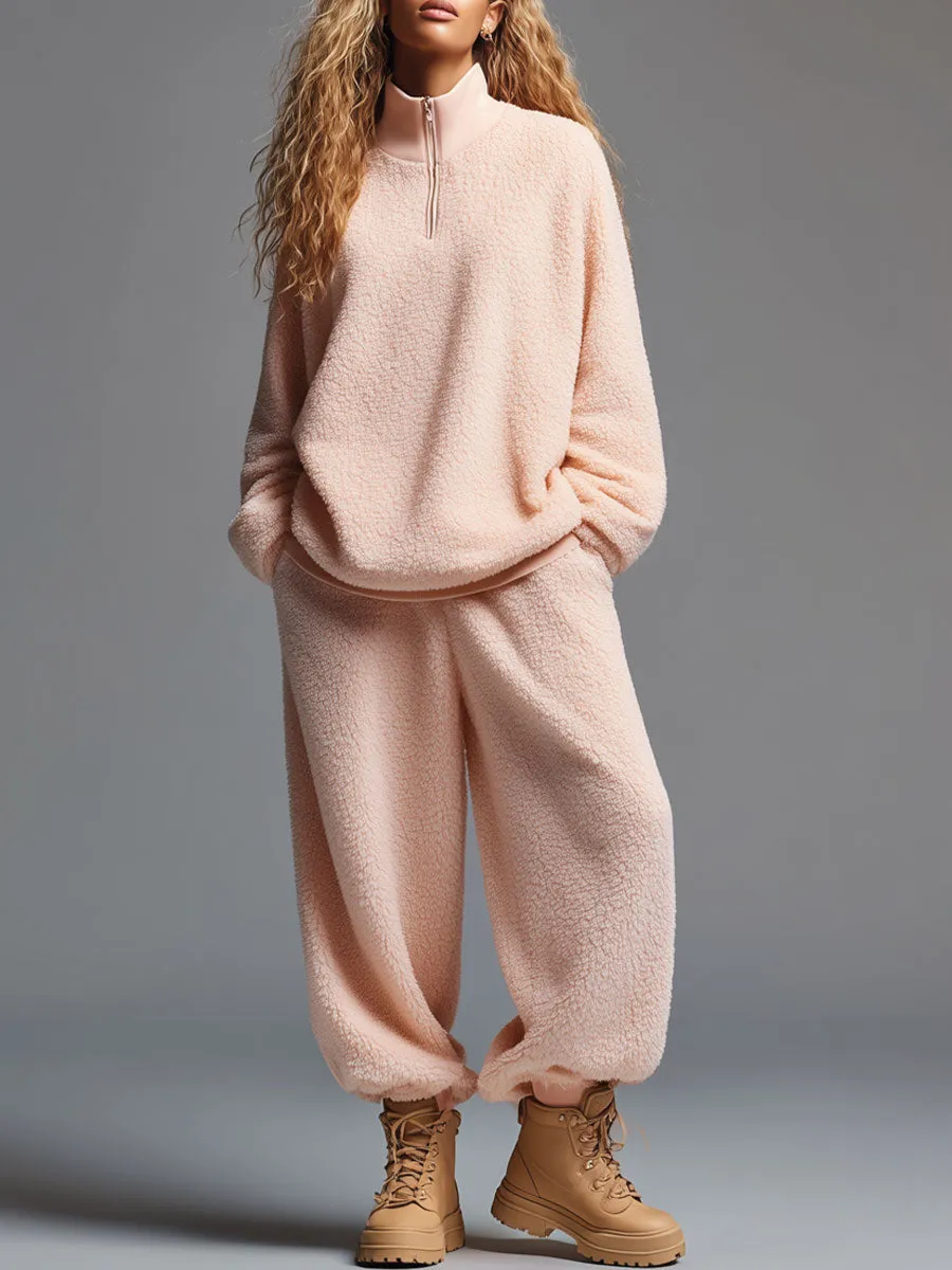 Casual Fashion Light Pink Polar Fleece Half Zip Sweatshirt Pants Sports Set sold by Oyrosy