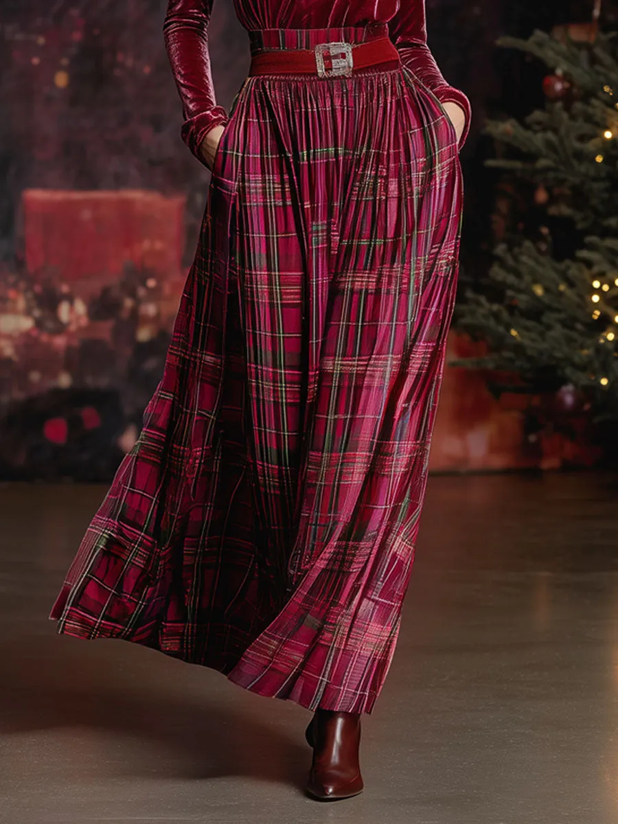 Festive Retro Red Velvet Turtleneck Plaid Skirt Set sold by Oyrosy product image thumbnail 3