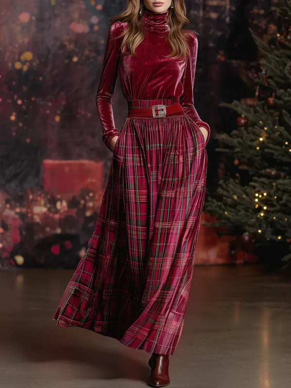 Festive Retro Red Velvet Turtleneck Plaid Skirt Set sold by Oyrosy
