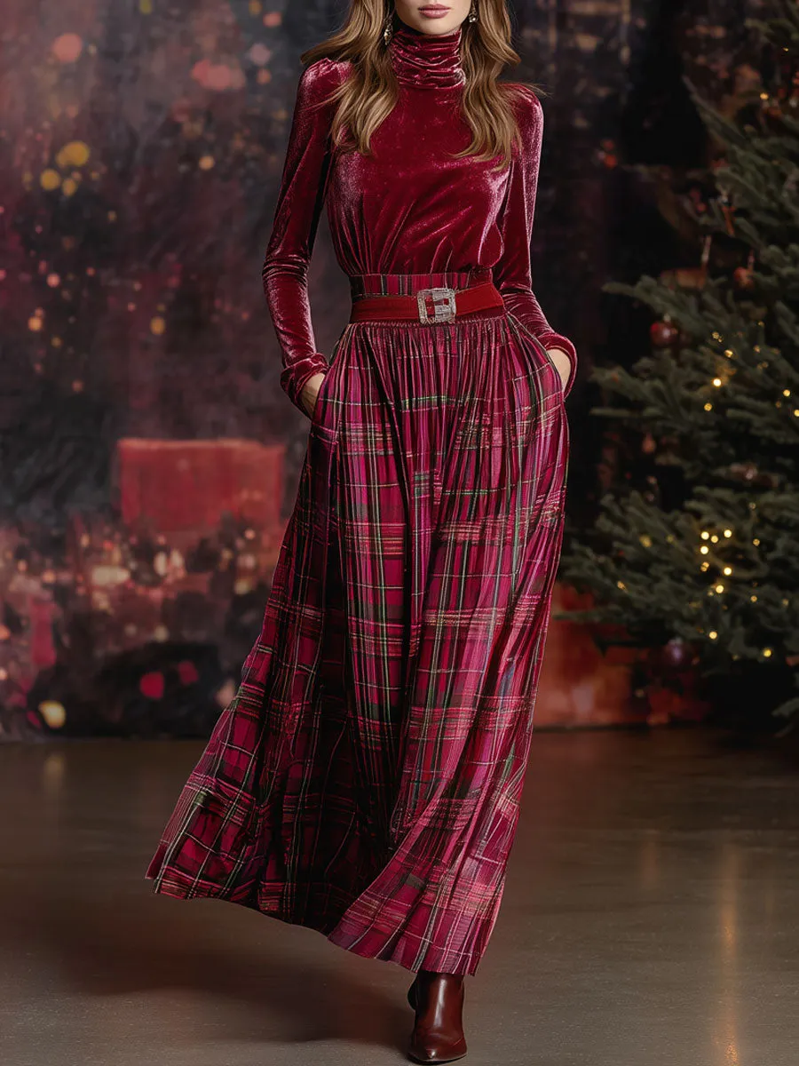 Festive Retro Red Velvet Turtleneck Plaid Skirt Set sold by Oyrosy