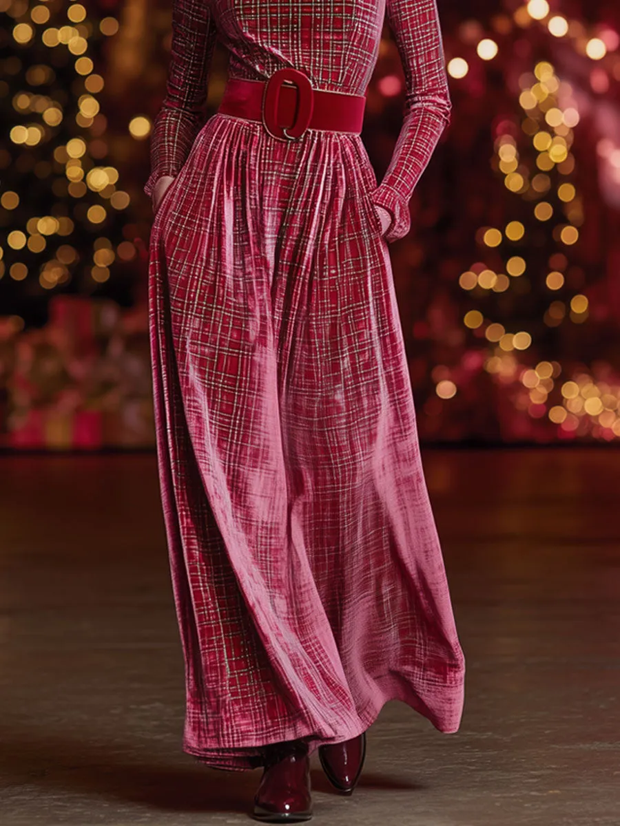 Retro Christmas Red And Green Plaid Velvet Bubble Long-sleeved Maxi Dress sold by Oyrosy product image thumbnail 3